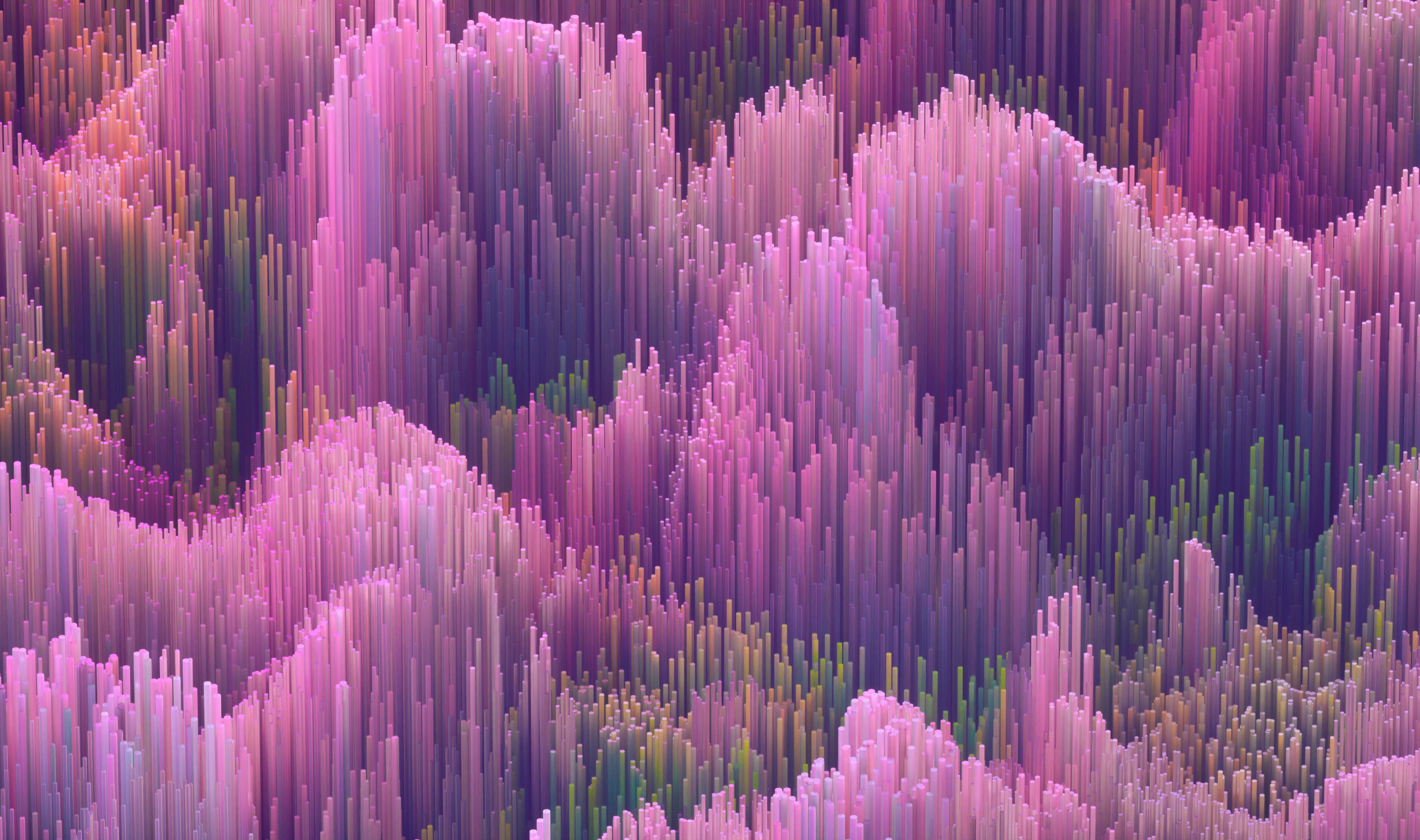 An abstract landscape of pink and green vertical columns forming peaks and valleys, like a search space to be optimized