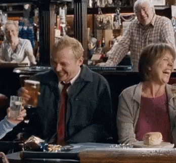 Shaun of the Dead Winchester pub scene: cheers with beers.
