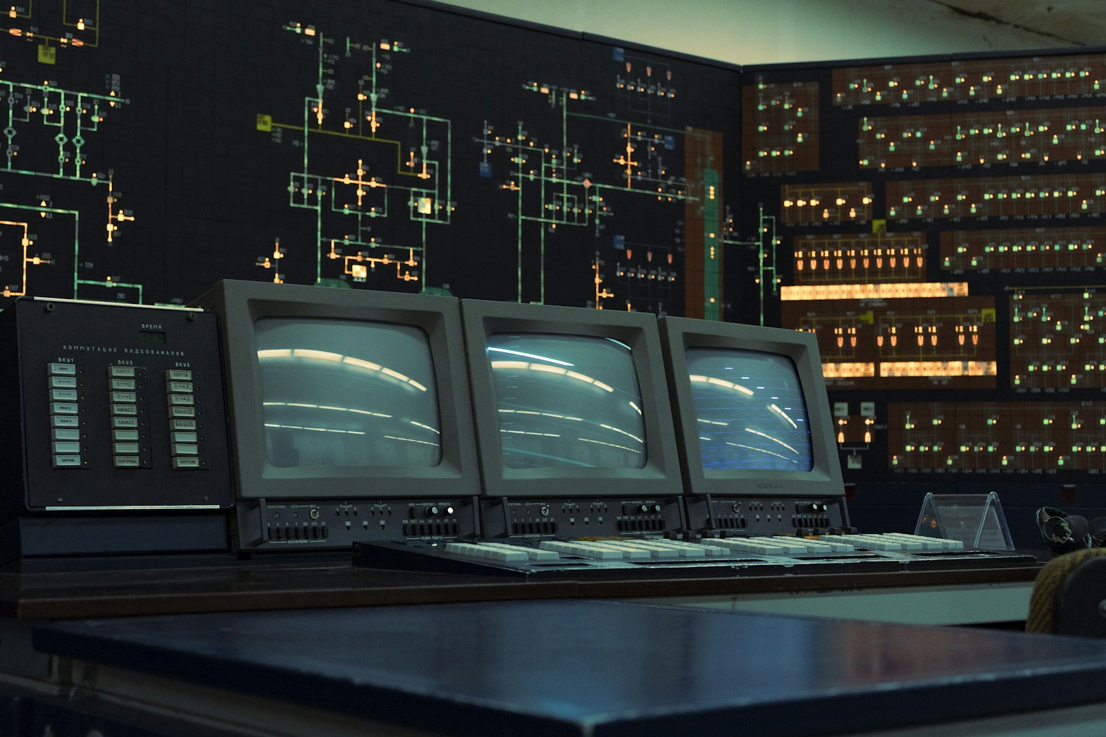 Inside an old-fashioned control room with rows of switches and dials