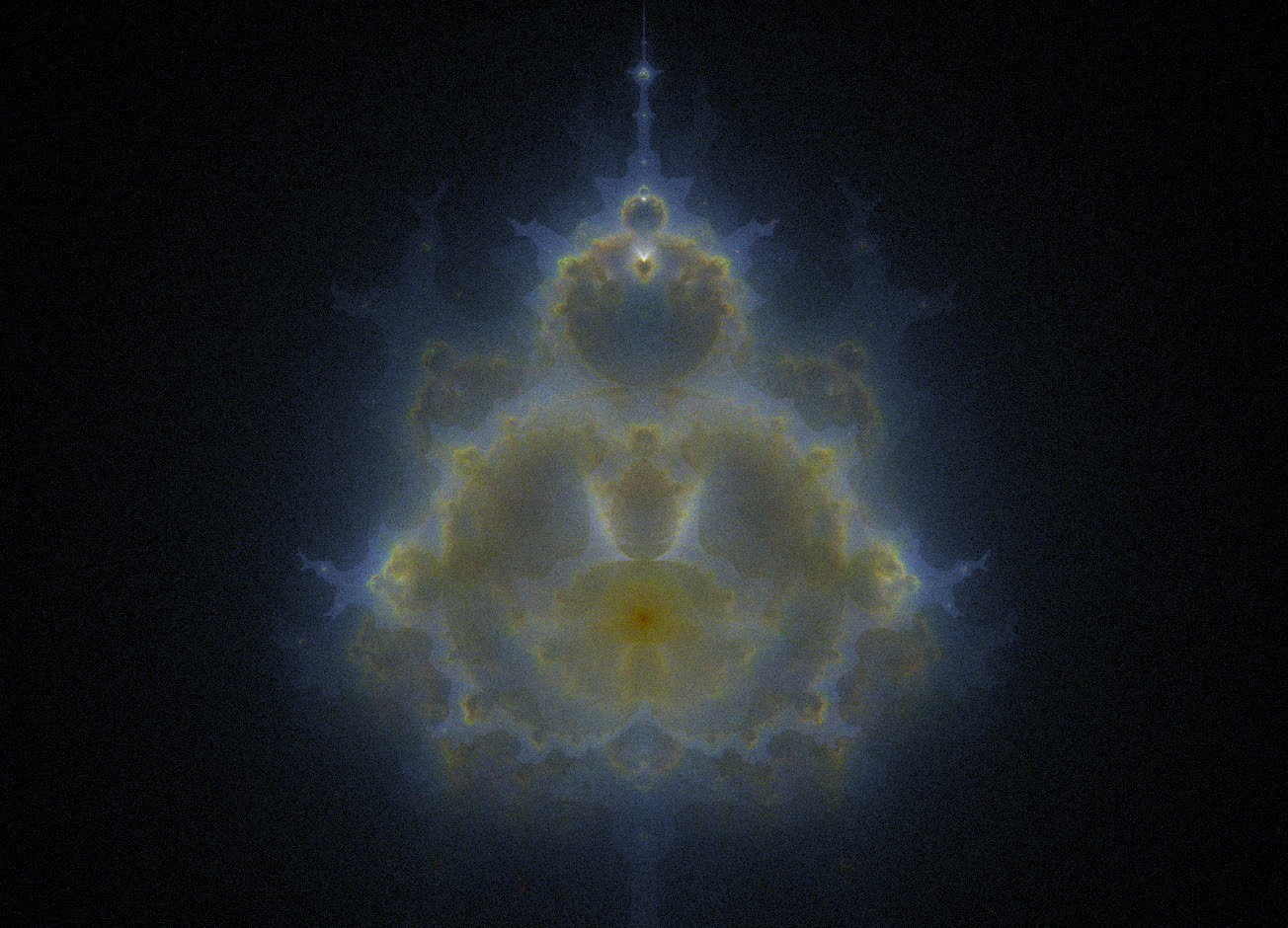 Nebulabrot render: a soft, glowing Mandelbrot-shaped cloud in pale yellow and blue on black