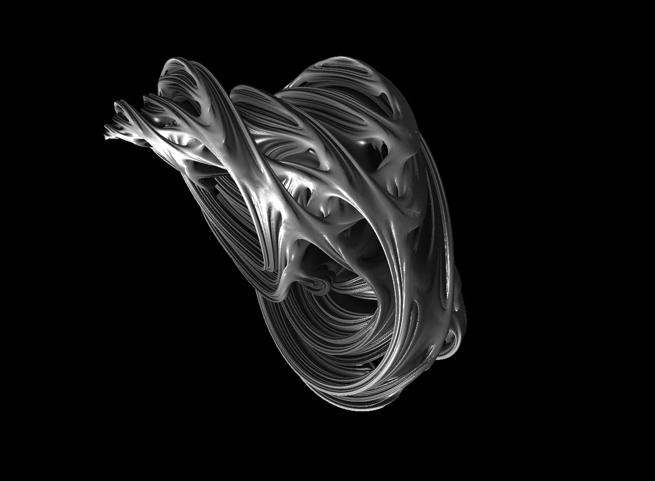 A glossy grey three-dimensional slice of a quaternion Julia set, folded ribbons on black