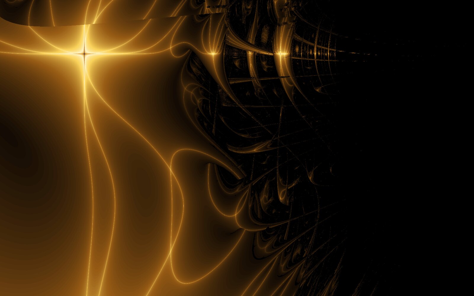 Golden Lyapunov fractal: glowing curved filaments and a bright star-like point fading into black on the right