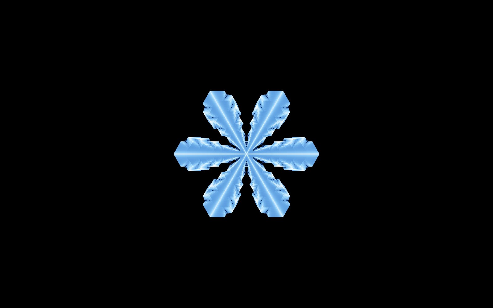 A six-armed pale blue snowflake with feathered dendrite branches on black