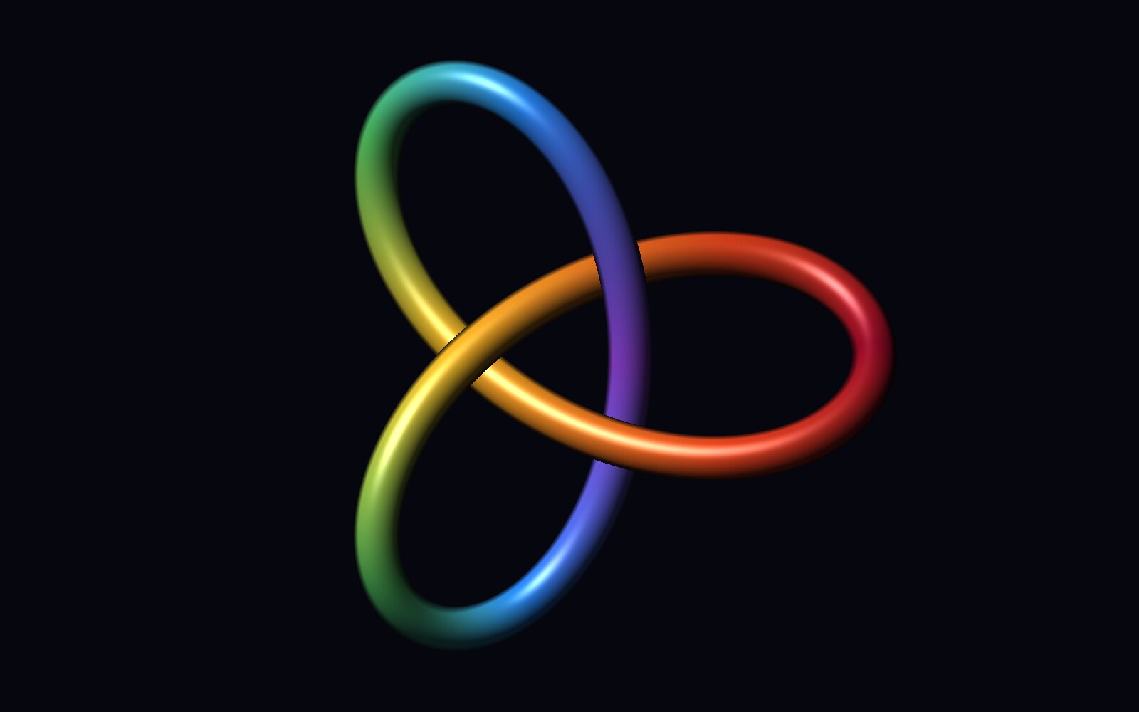 A glossy rainbow-coloured tube tied in a trefoil knot on a dark background