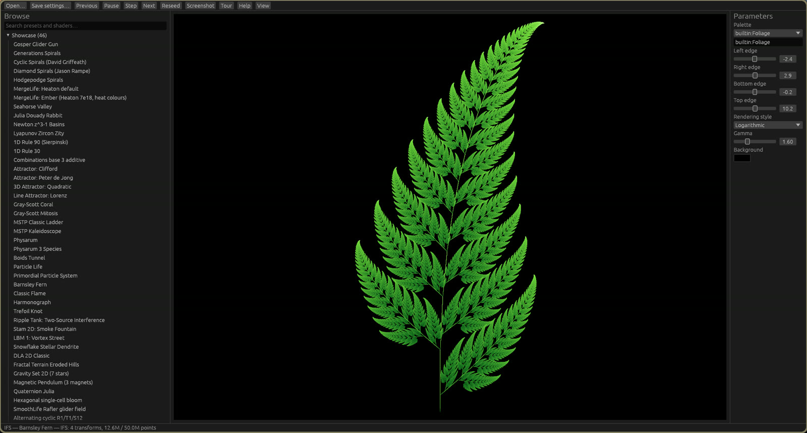 The voc-rs desktop window: a preset browser on the left listing showcase presets, a green Barnsley fern in the centre, and palette and edge parameters on the right